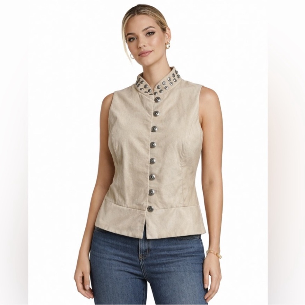 Margaret Godfrey Tan 100% Suede Studded‎ Collar Button-Up Leather Vest Size 14